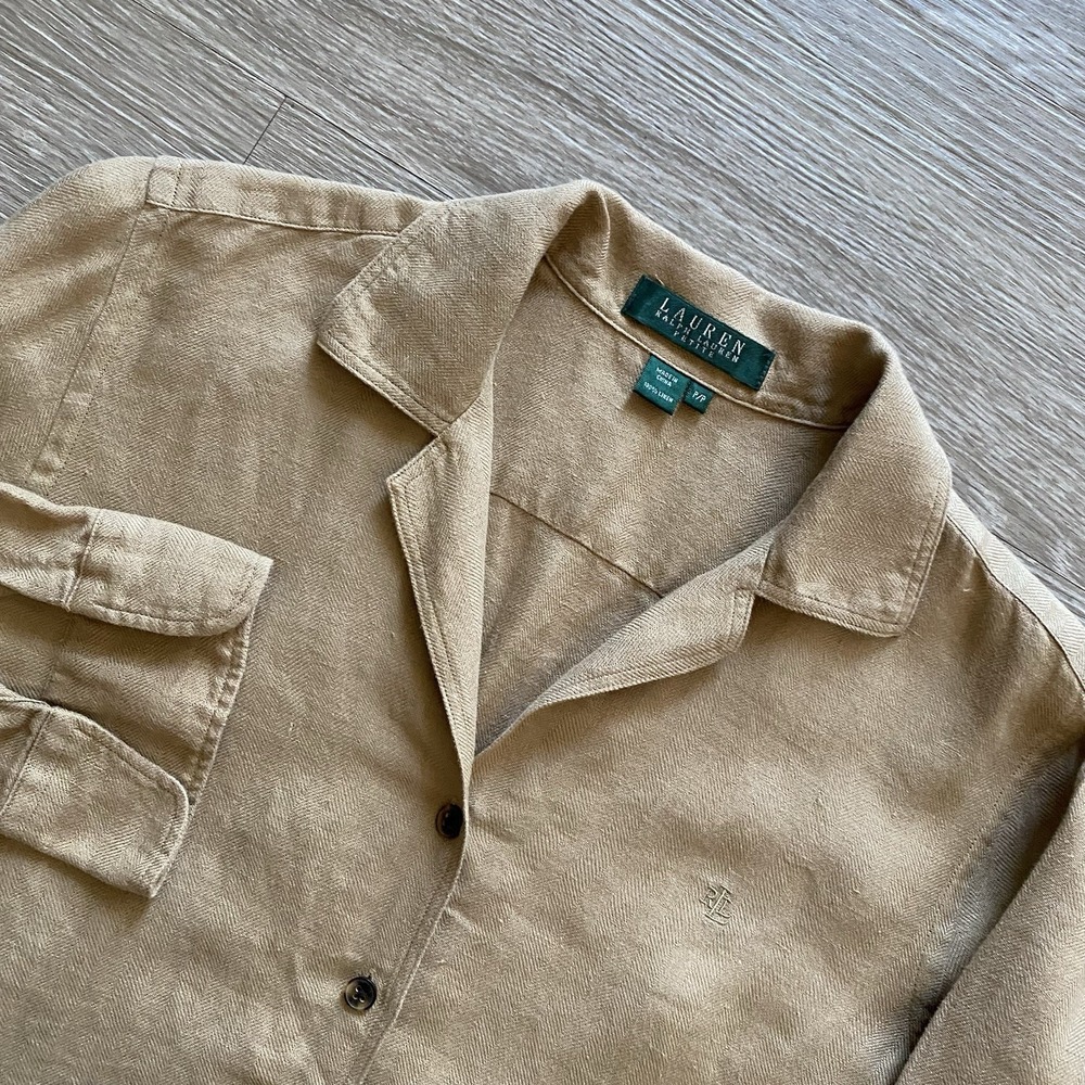 Lauren Ralph Lauren 100% Linen Shirt P/P Brown Herringbone Button Up Lightweight